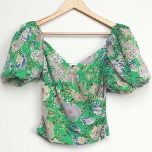 ASTR the Label Summer Magic Green Floral Print Puff Sleeve Wrap Top